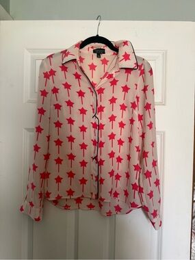 Topshop Cream Blouse with Coral Star Print and Black Trim